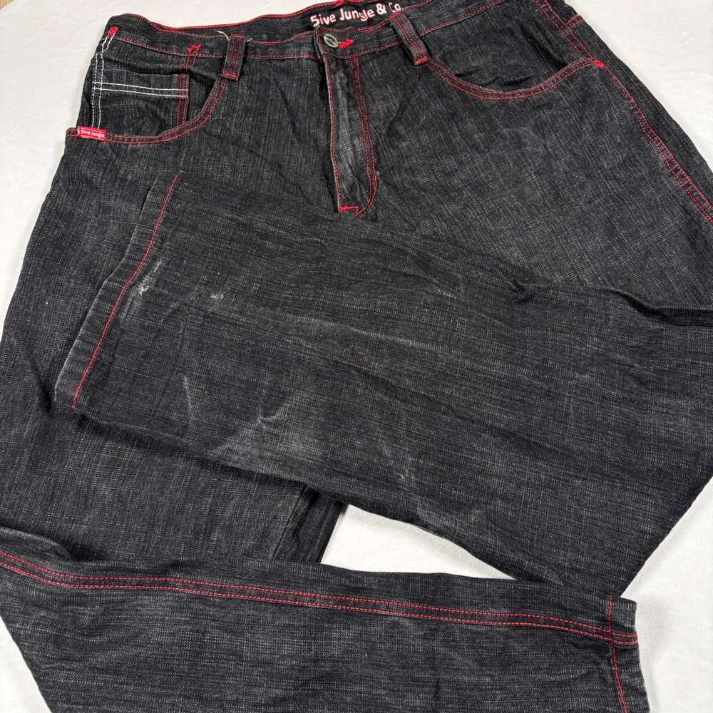 5ive Jungle & Co. Jeans Mens 40x34 Black Red Stitch Streetwear Baggy Y2K